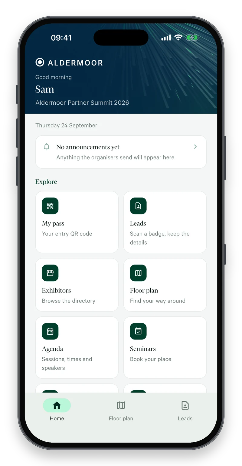 Branded attendee app home screen with agenda, seminars, floor plan, leads and pass