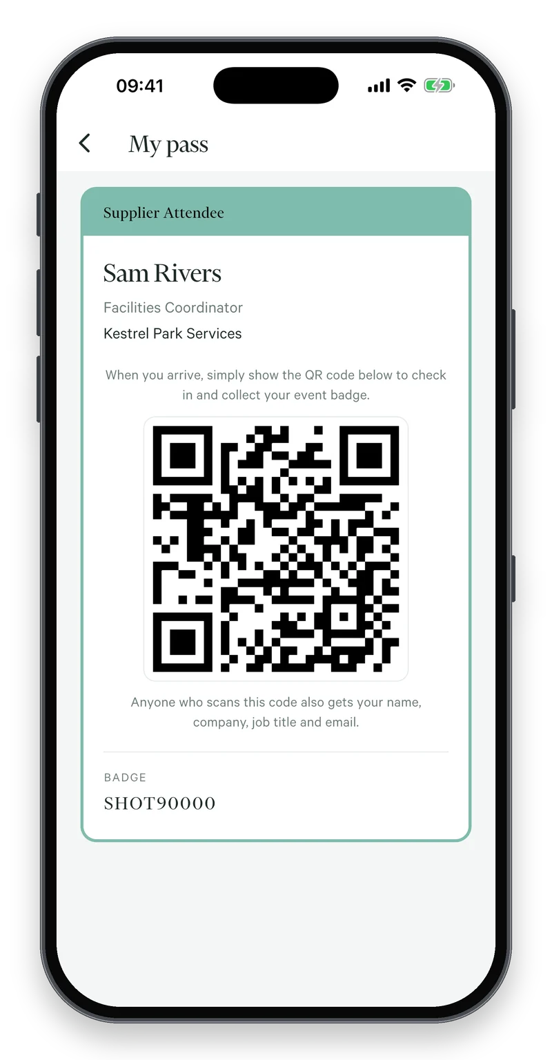 Attendee pass with QR code for check-in and badge collection