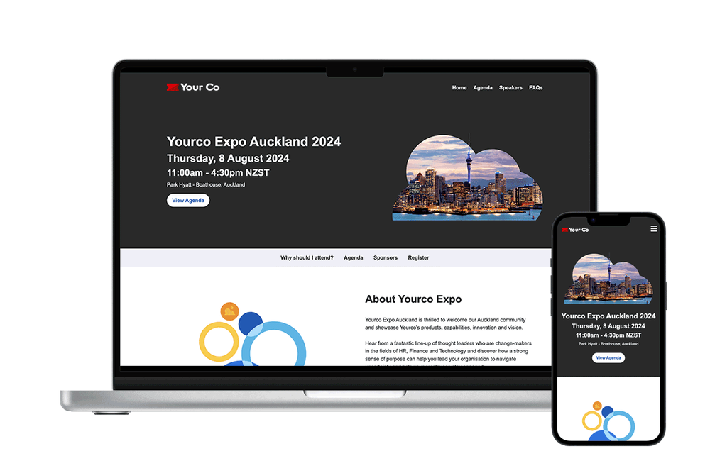 Example branded event registration website shown on laptop and mobile screens
