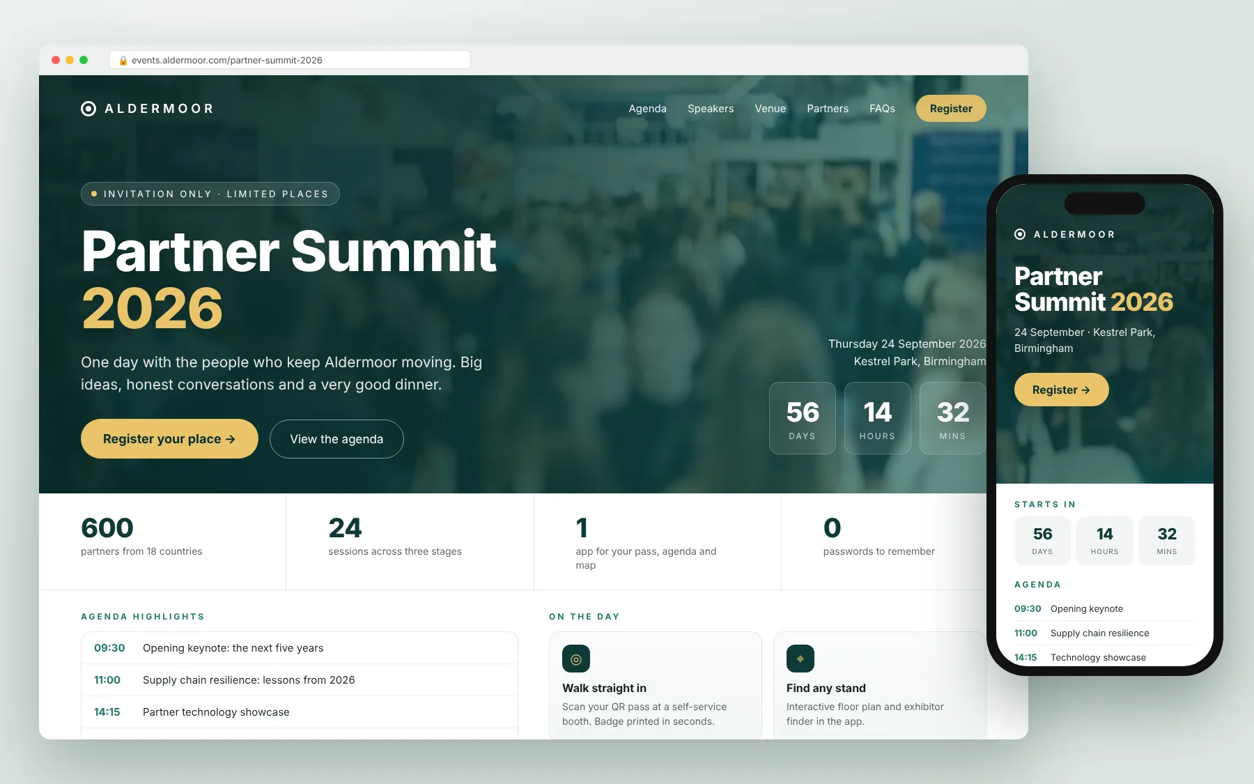 Branded event website for a partner summit on desktop and mobile, with event photo, countdown, agenda highlights and Register your place button.