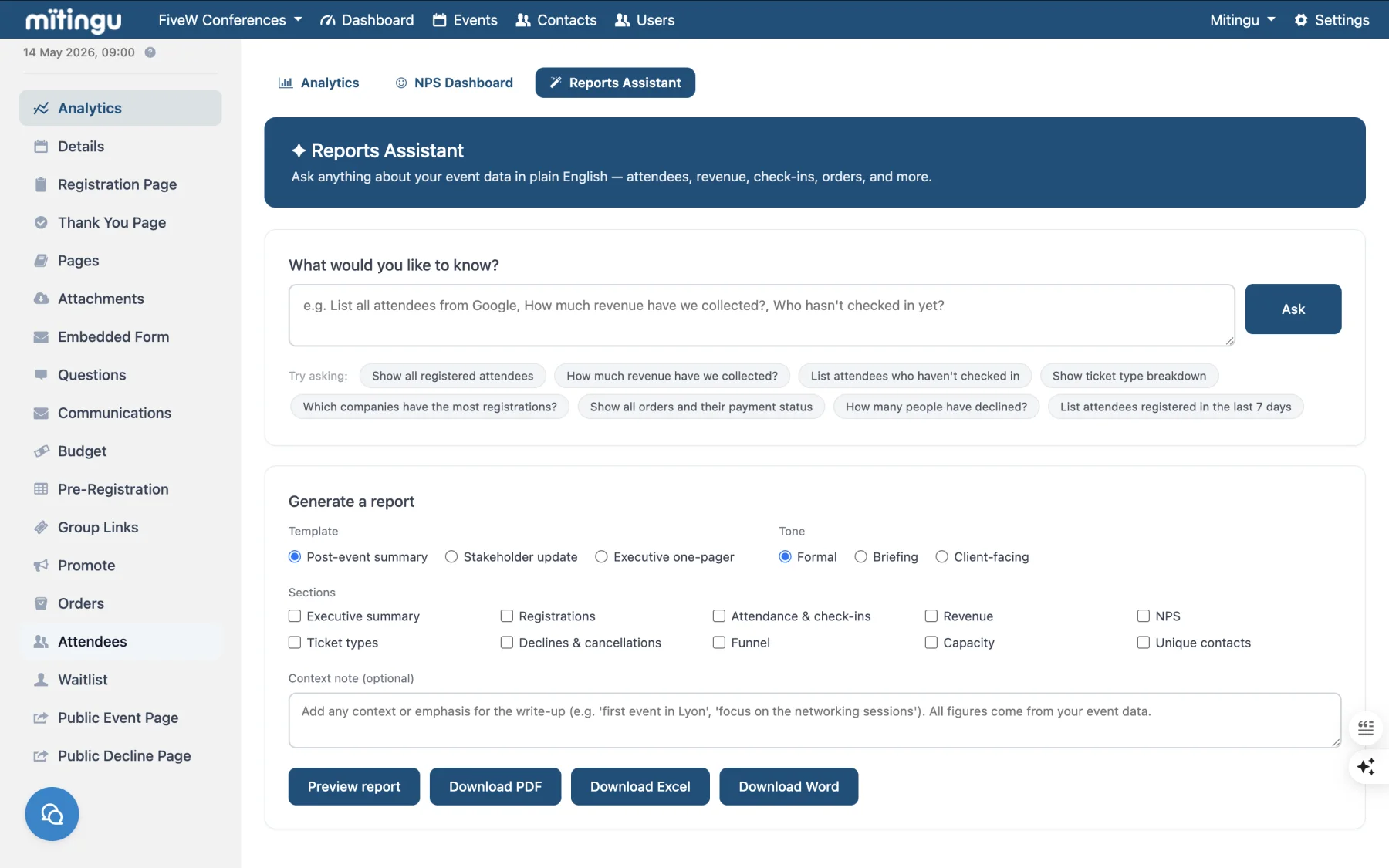 Mitingu Reports Assistant screen showing plain-English event data questions.