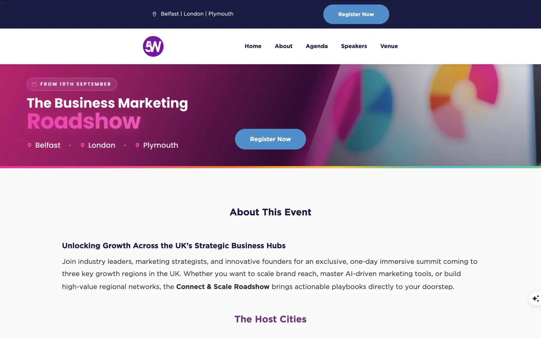Branded event registration website for The Business Marketing Roadshow, showing the event header, host cities and Register Now call to action.